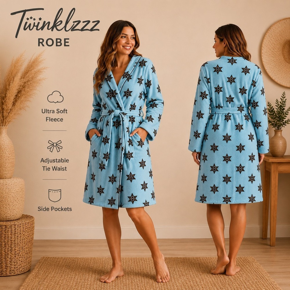 Twinklzzz Star Print Belted Robe Light Blue Fleece Soft Wrap Large